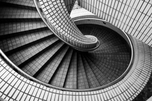 High angle view of an old spiral staircase.