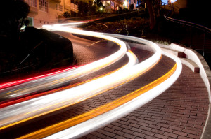 Long exposure of cars going down the famous Lombard Street in San Francisco.